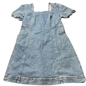 Vtg Denim‎ Jean Dress Puffed Sleeves Baby Doll Retro XL Knee Length Pintuck Y2K